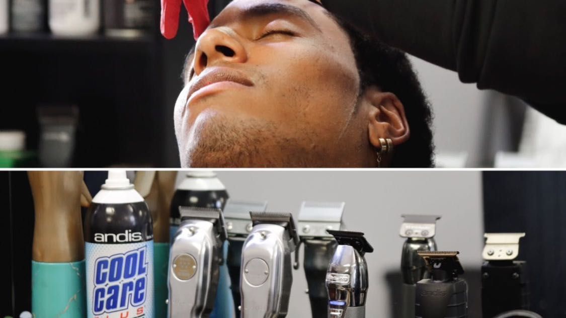 Fame's barber at work — close-up split photo showing precision clipper work during a fade, capturing the focus and skill behind every cut