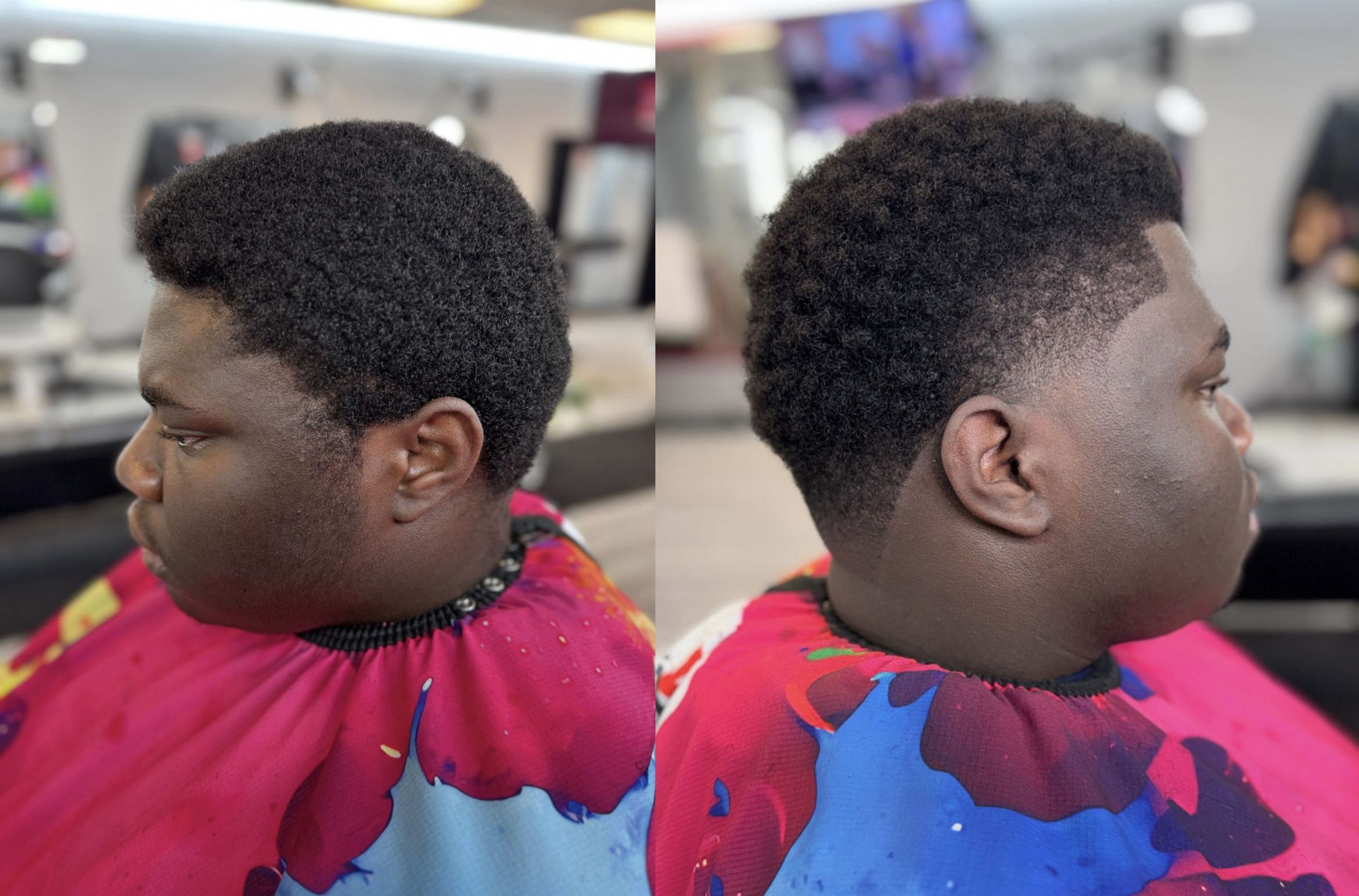 Before and after: textured taper fade — left side shows uneven length, right side shows a sharp textured taper with clean edges