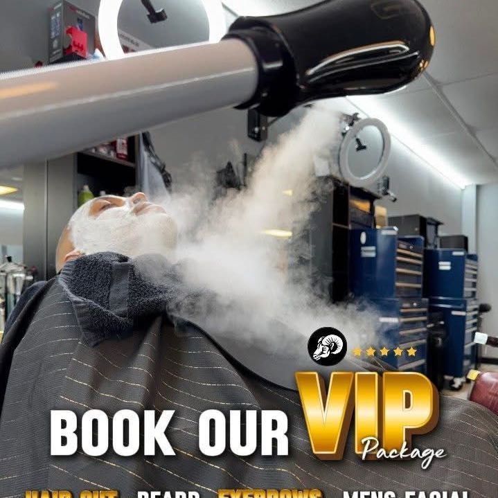 Fame's Barbershop VIP haircut service promotional image — the premium package including fade, beard sculpt, eyebrow grooming, and hot towel facial